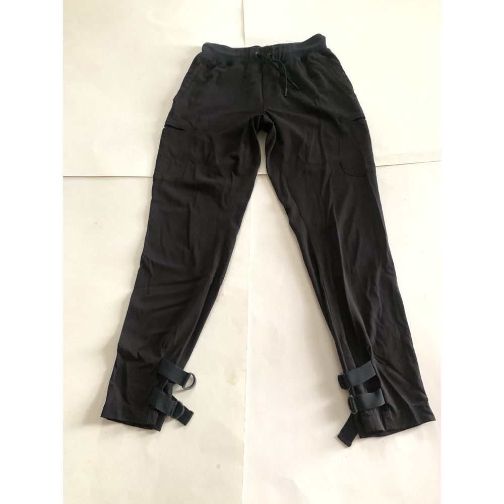 Jaanuu Women's XS Black Cargo Scrub Pants Drawstring Buckle Ankle Logo Medical